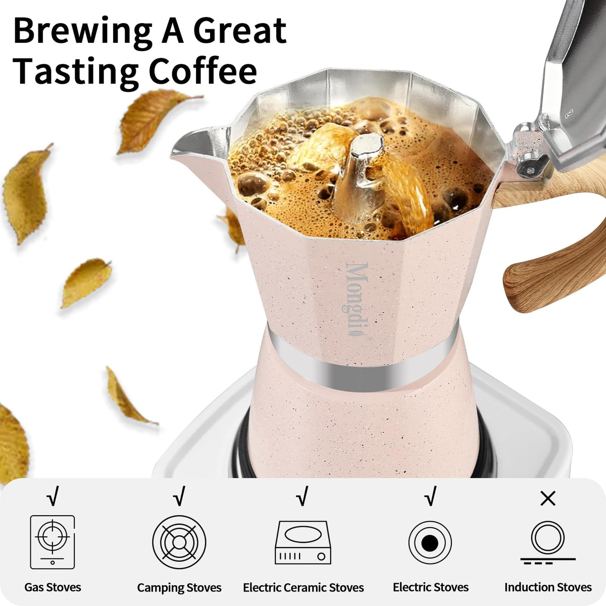 Mongdio Stovetop Espresso Maker Moka Pot, Cuban Coffee Maker Stove Top Coffee Maker Moka Italian Espresso Greca Coffee Maker Brewer Percolator, 6 Espresso Cups, 10 oz - Black