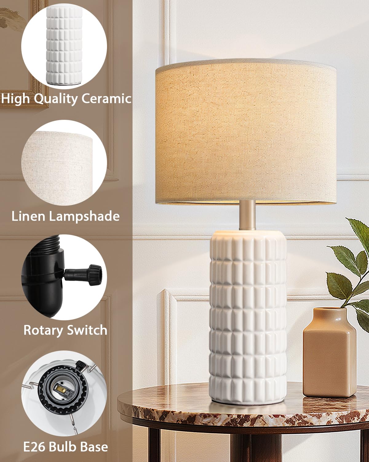 Seealle 23" Modern Ceramic Table Lamps Set of 2, Lamps for Bedroom, White