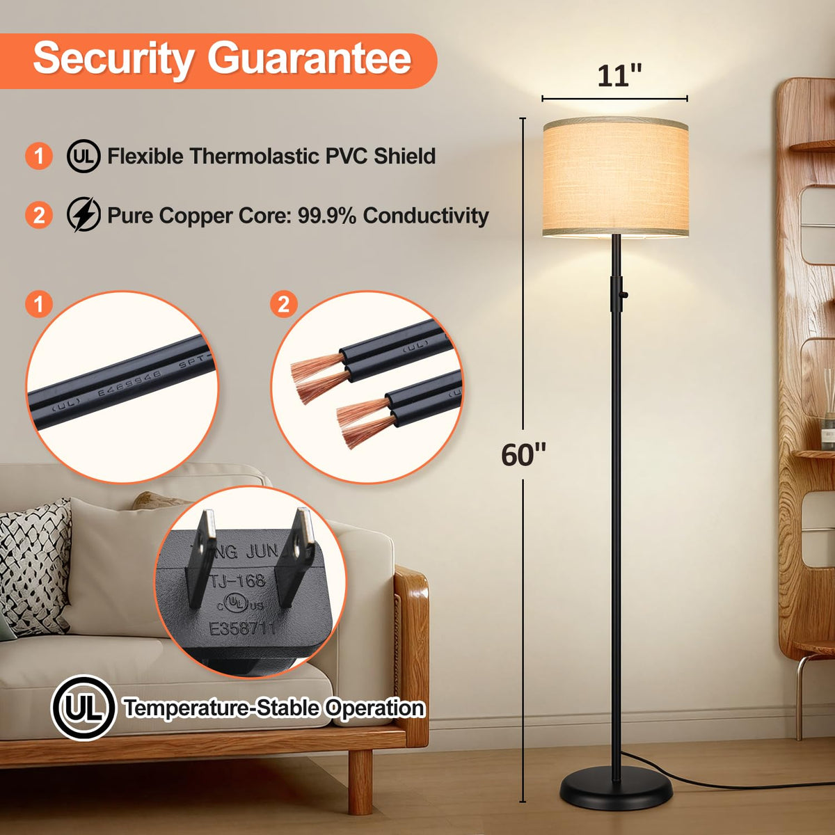 【Upgraded】 Dimmable Floor Lamp for Living Room,1000 Lumens Bulb Included, Modern Floor Lamps Simple Design with Linen Shade, Tall Standing Lamp for Bedroom Office Dining Room, Black Pole Lamp