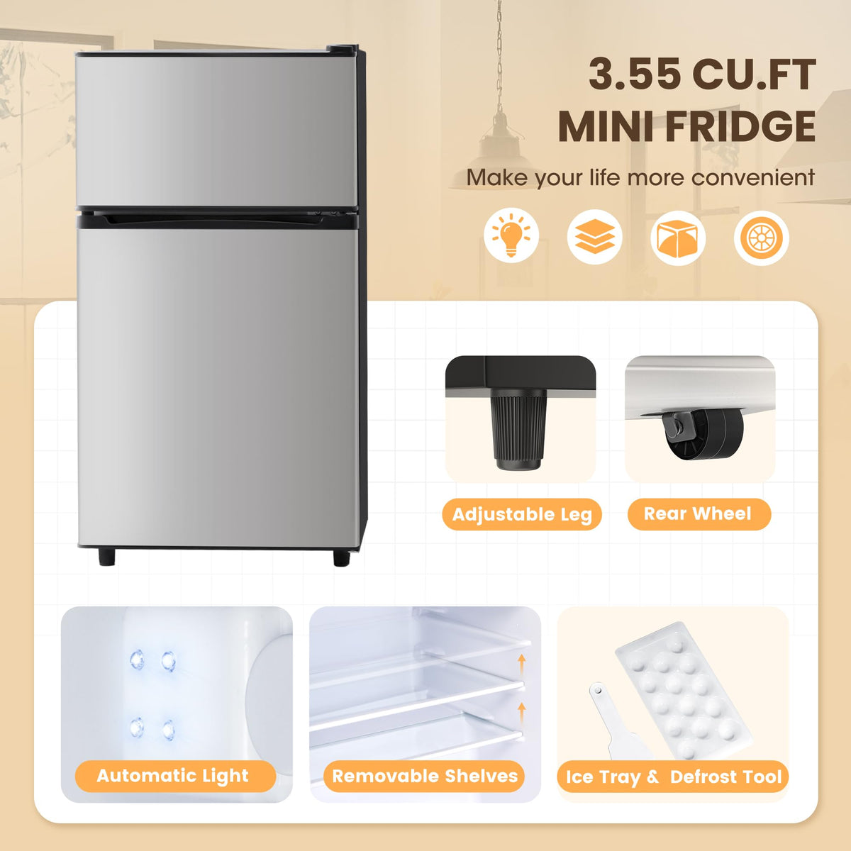 4.5 Cu.Ft Mini Fridge Freezer for Dorm/Office, 2-Door, Quiet