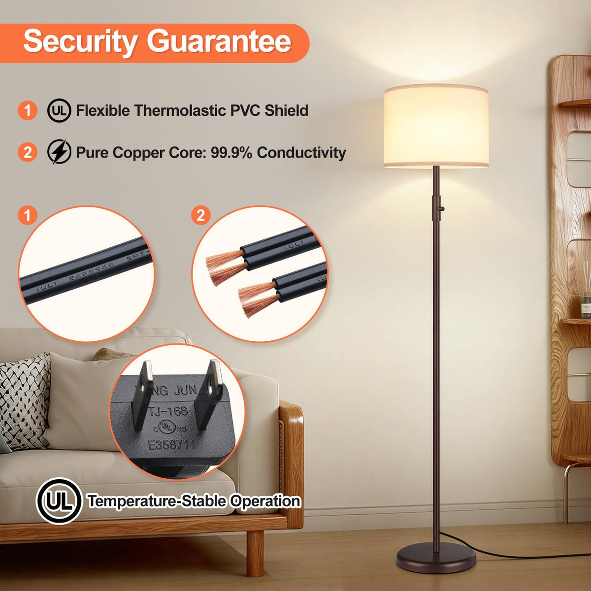 【Upgraded】 Dimmable Floor Lamp for Living Room,1000 Lumens Bulb Included, Modern Floor Lamps Simple Design with Linen Shade, Tall Standing Lamp for Bedroom Office Dining Room, Black Pole Lamp