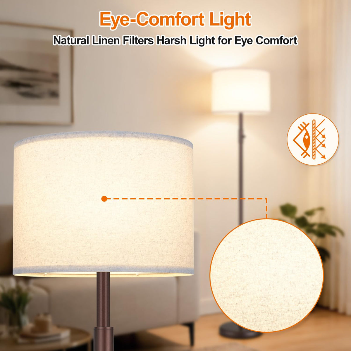 【Upgraded】 Dimmable Floor Lamp for Living Room,1000 Lumens Bulb Included, Modern Floor Lamps Simple Design with Linen Shade, Tall Standing Lamp for Bedroom Office Dining Room, Black Pole Lamp