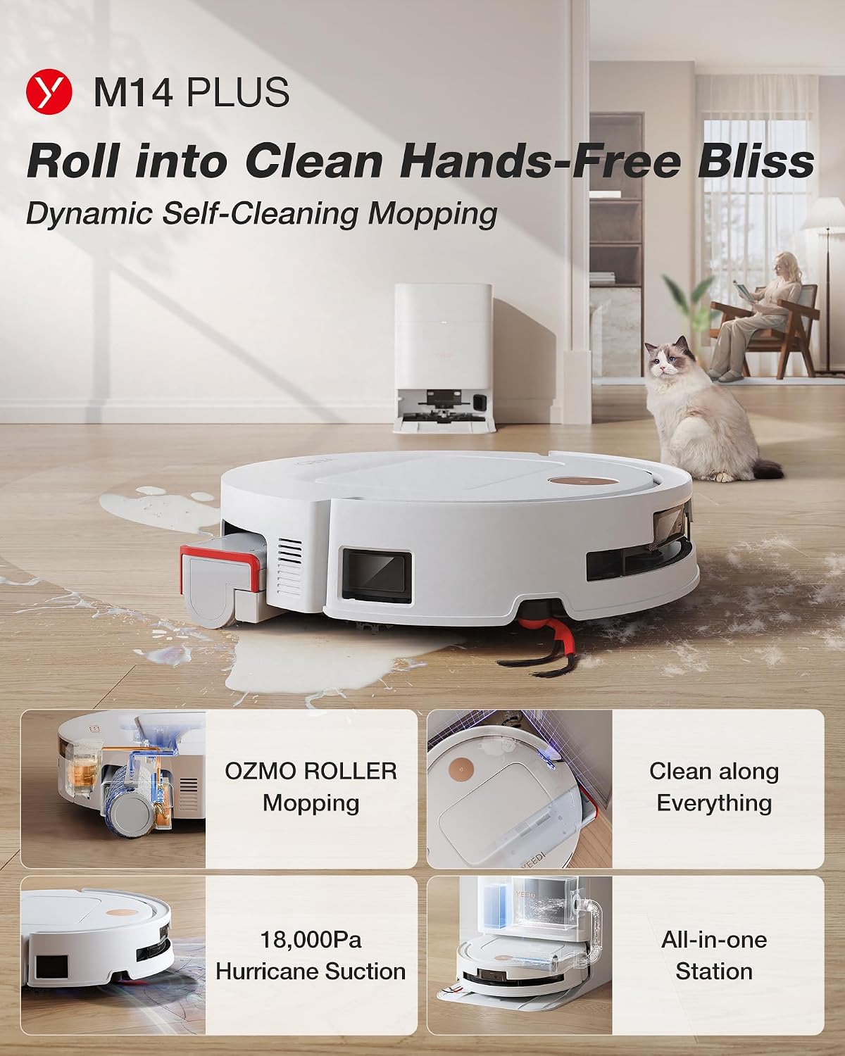Yeedi by ECOVACS M14 Plus Robot Vacuum and Mop, OZMO Roller Mopping, White