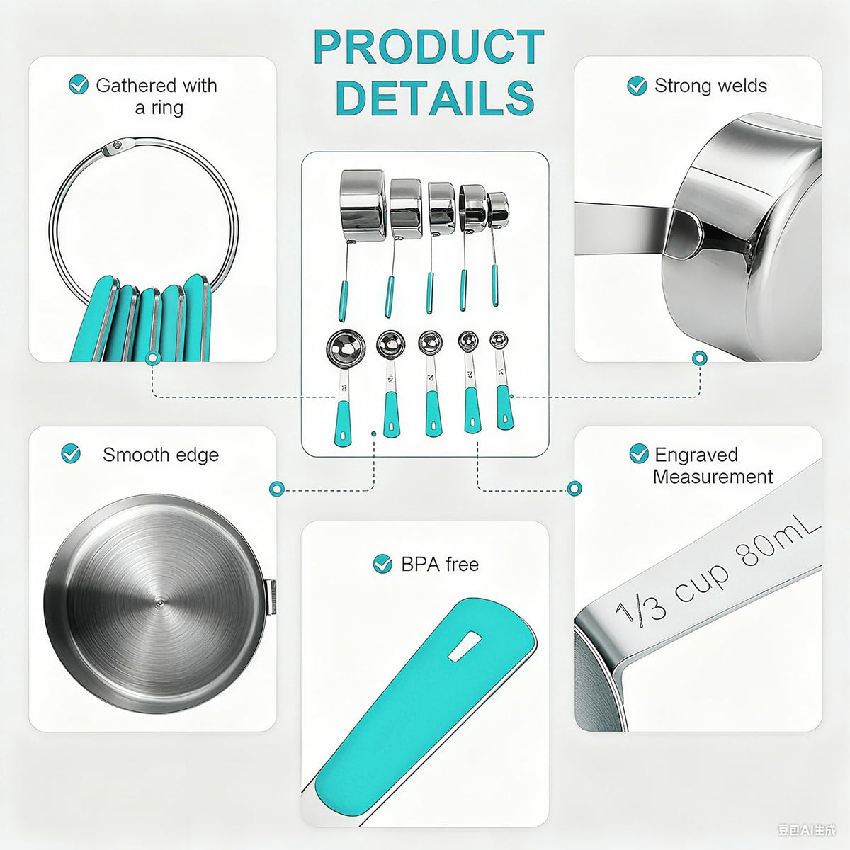 10-Pcs Stainless Steel Measuring Cups & Spoons Set, Colorful Handles