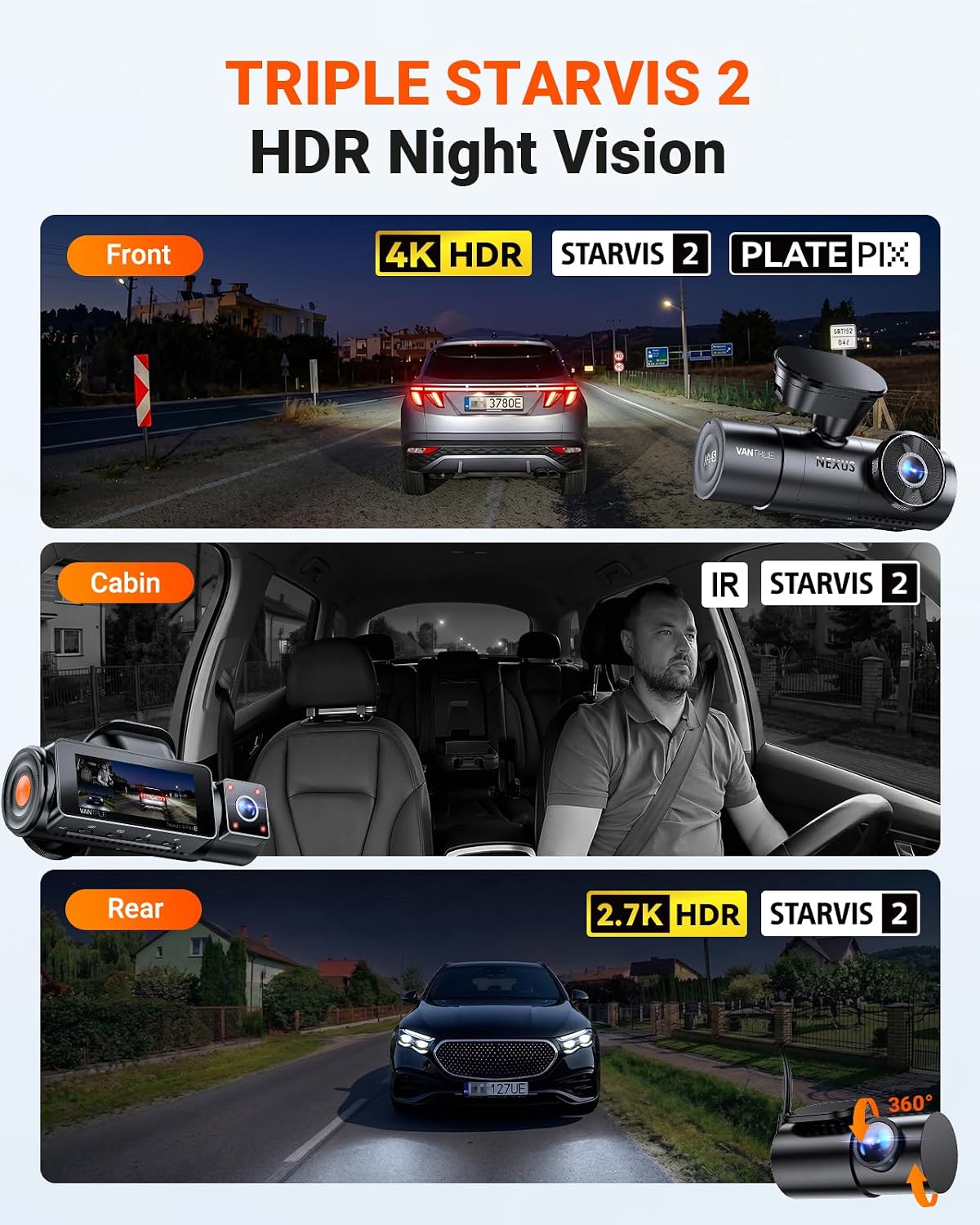 Vantrue N4 Pro S 4K 3 Channel Dash Cam, Triple STARVIS 2 HDR Car Camera