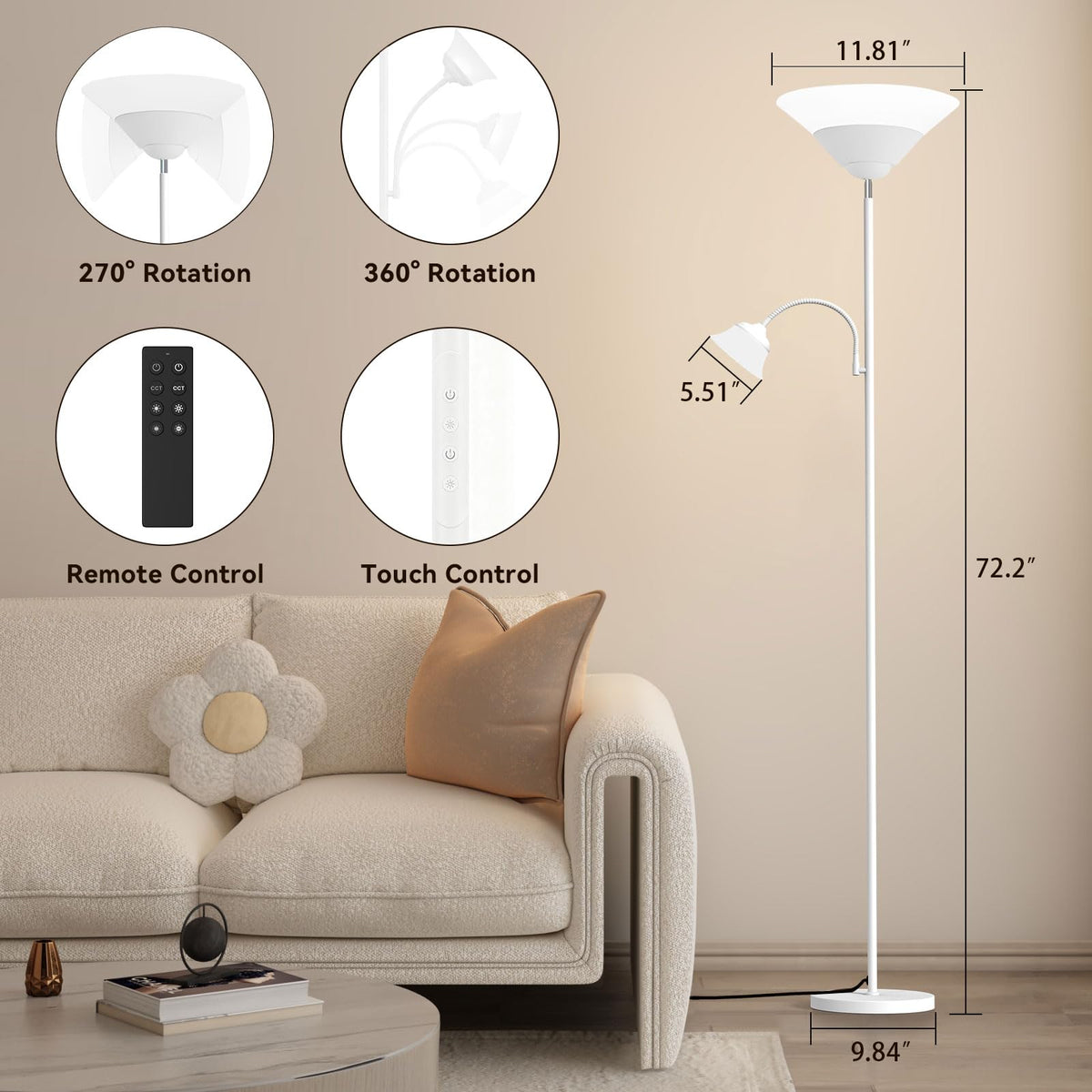 SIBRILLE 2-in-1 Torchiere Floor Lamp, 34W Super Bright LED Standing Lamp with Remote & Touch Control, 72" Dimmable Adjustable Corner Reading Lamp for Living Room, Bedroom, Office, Black