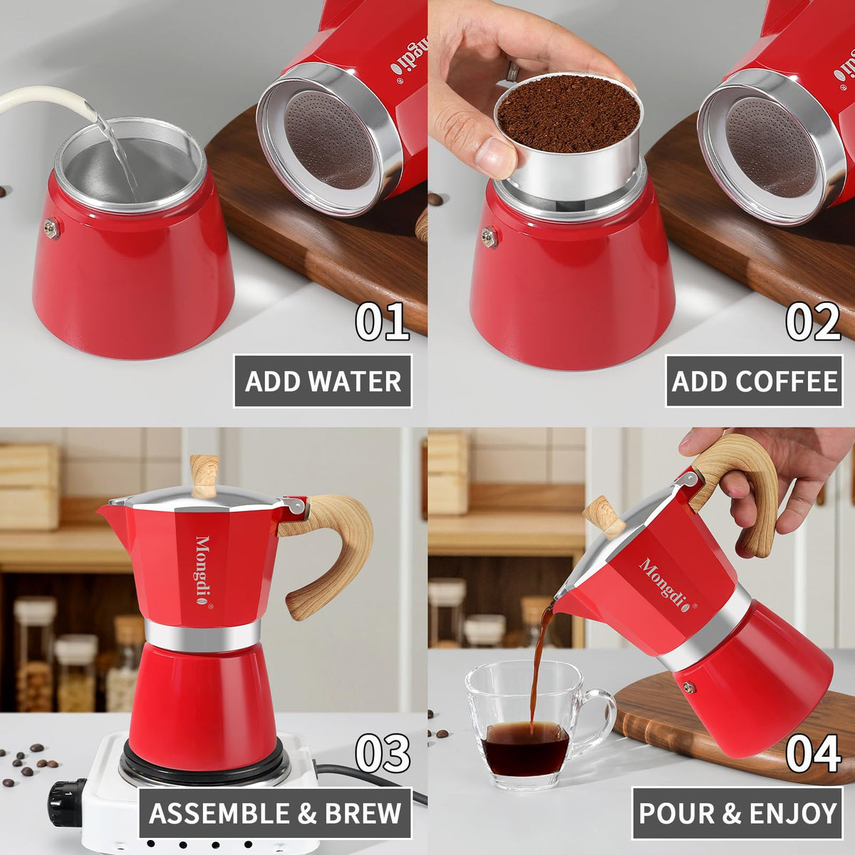 Mongdio Stovetop Espresso Maker Moka Pot, Cuban Coffee Maker Stove Top Coffee Maker Moka Italian Espresso Greca Coffee Maker Brewer Percolator, 6 Espresso Cups, 10 oz - Black