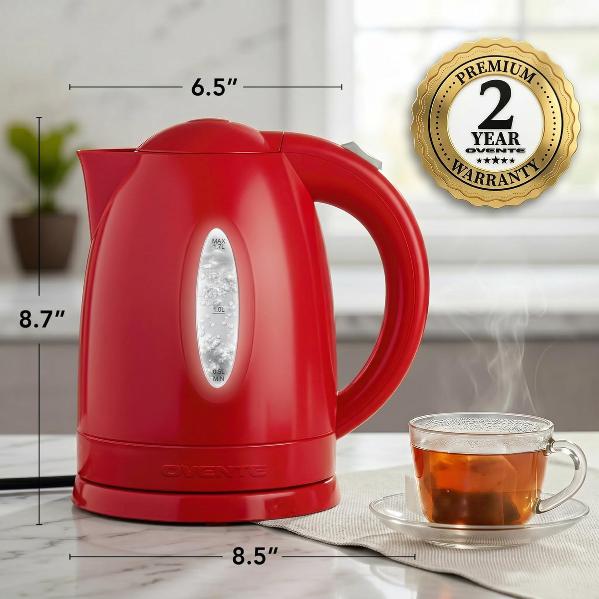 OVENTE 1.7L Electric Tea Kettle, Fast Boiling Water Heater, White KP72W