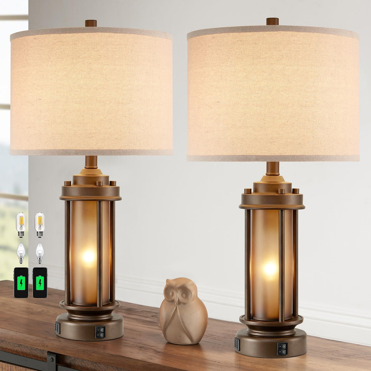 AIEAMPDO 25'' Set of 2 Farmhouse Table Lamps for Living Room with USB C+A