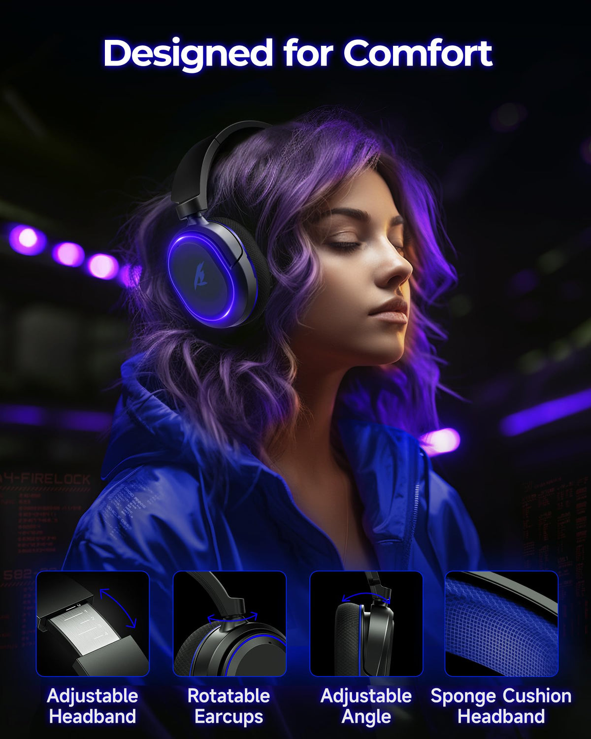 Wireless Gaming Headset for PC PS5 PS4 Mac Switch 7.1 Surround Sound 100-Hr