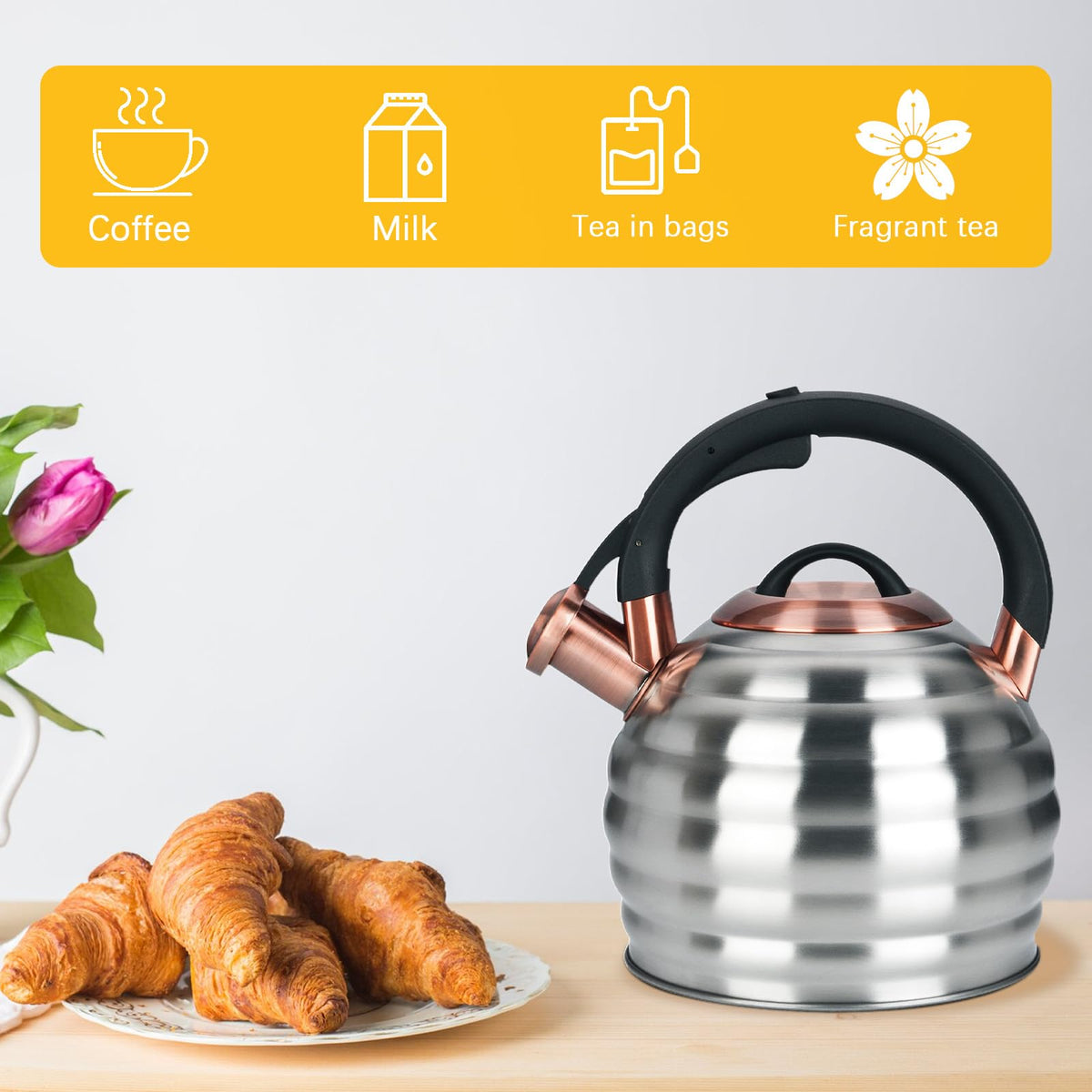 Tea Kettle for Stove Top Whistling Teapot, 3.2Q Tea Pot Stainless Steel Teakettle with Heat Proof Ergonomic Handle