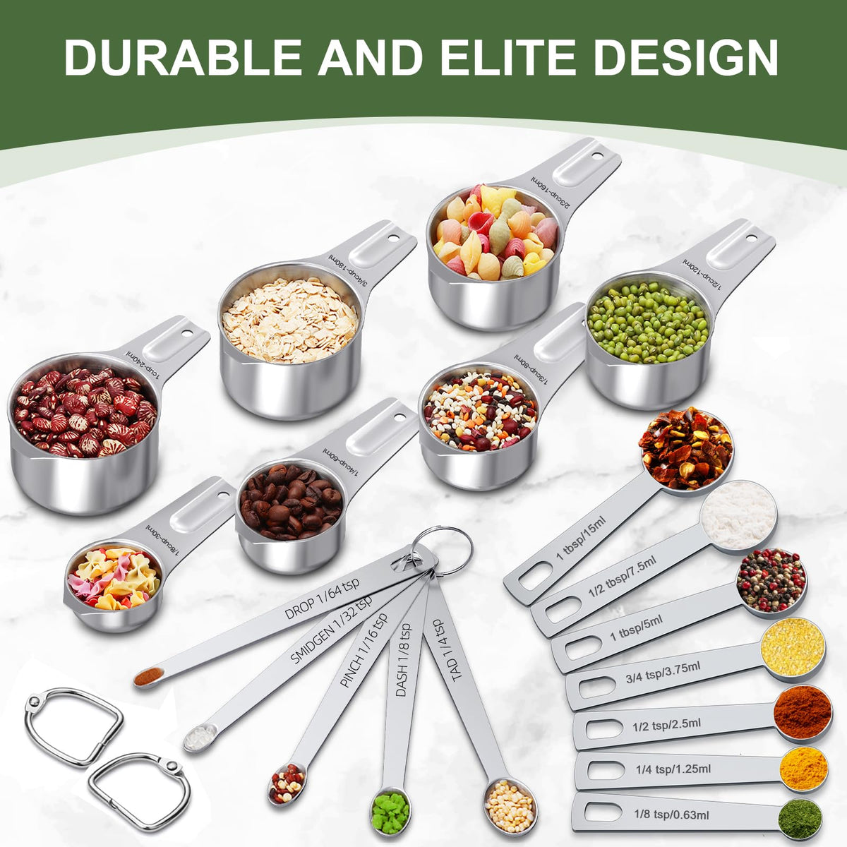 EWFEN Measuring Cups and Spoons Set, 7 Stainless Steel Nesting Measuring Cups & 7 Spoons, 5 Mini Measuring Spoons &1 Leveler, Kitchen Gadgets for Cooking & Baking, Square
