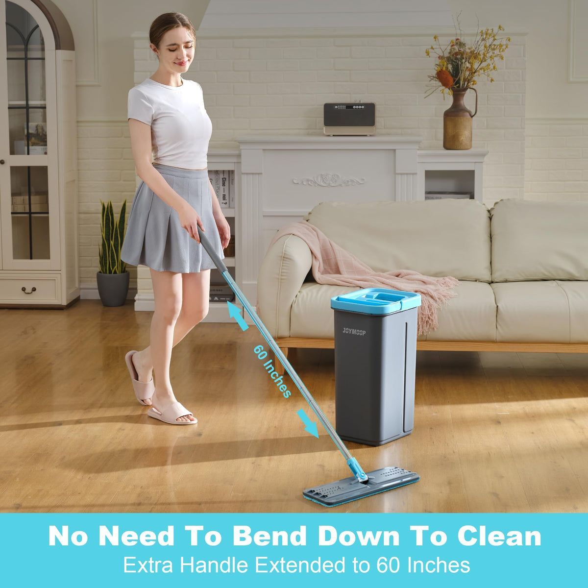 JOYMOOP Flat Mop System, Microfiber Mop and Bucket Set, White, Commercial & Household Use, Hardwood Floor & Wall Cleaning Mop with Long Handle, 4 Microfiber Pads