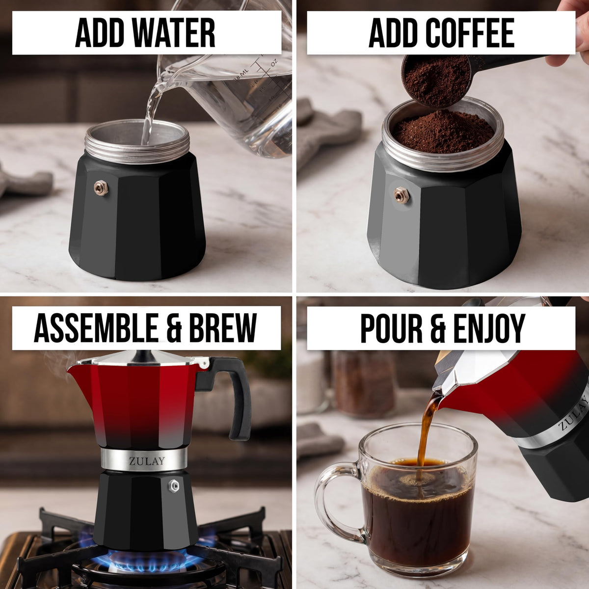 Zulay Moka Pot Espresso Stovetop Coffee Maker - Leak-Proof, Stainless Steel, Easy to Clean, Heat Resistant Handle & Knob - for Authentic Cuban & Italian Style Espresso - Makes 6 Espresso Cups - Red