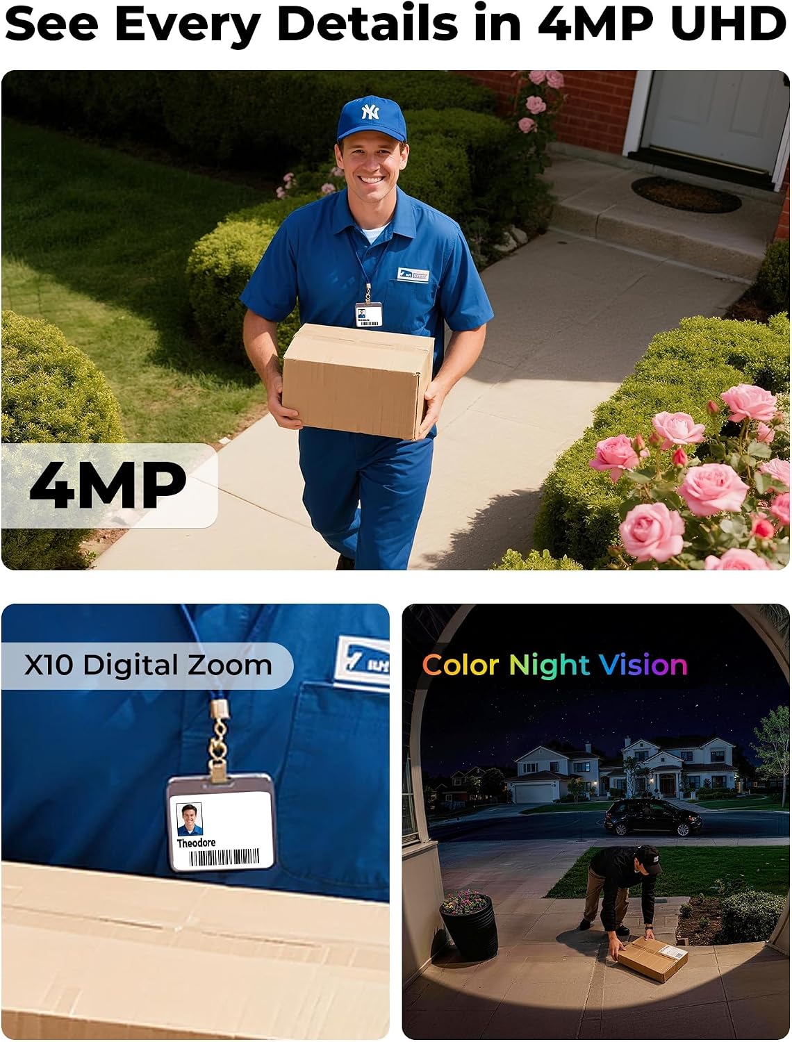 4MP Security Cameras Wireless Outdoor, No Subscription 128GB Local Storage, Solar Powered Cameras For Home Security, PTZ Auto Tracking, 4Cam-Kit, Color Night Vision Home Security Camera System,5G&2.4G
