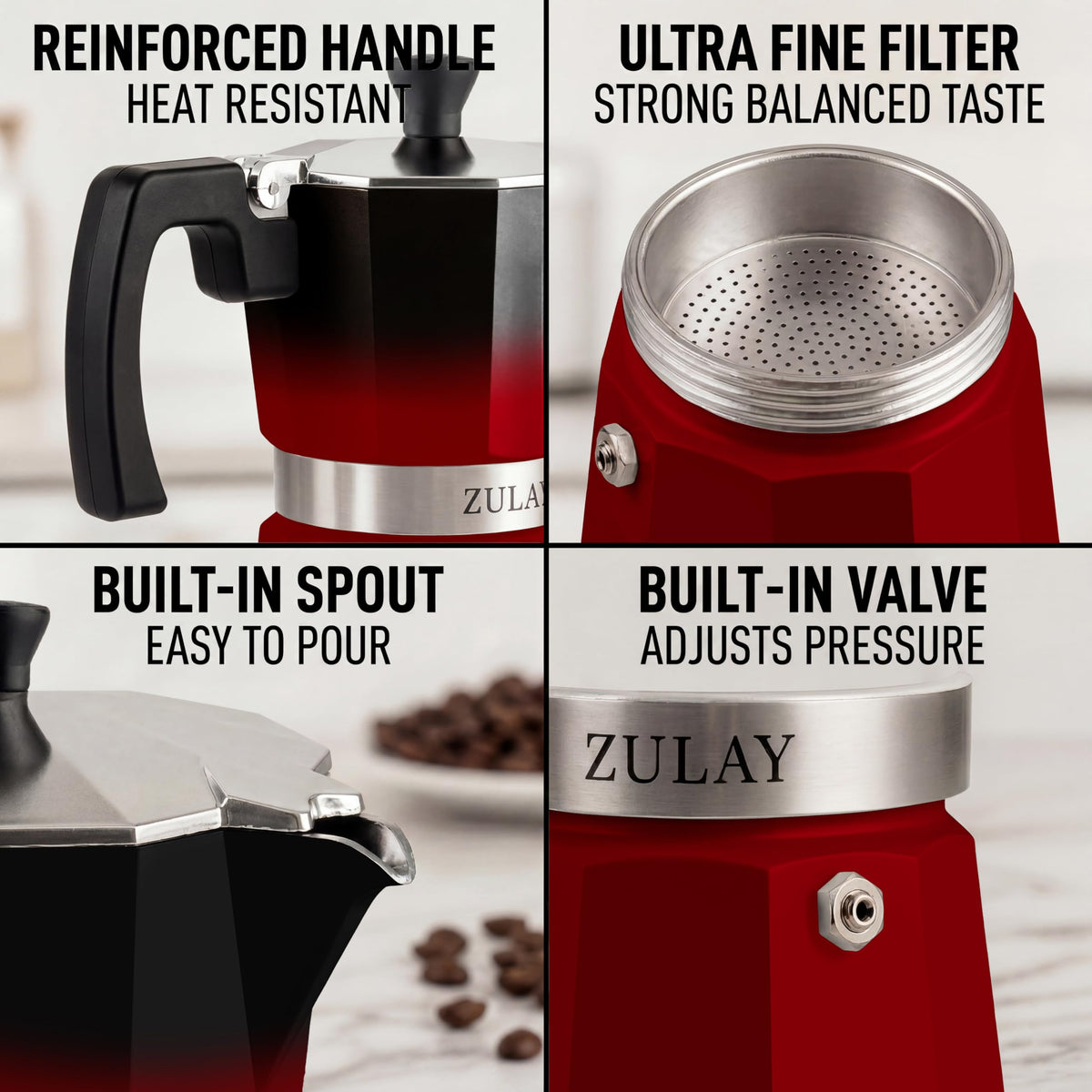 Zulay Moka Pot Espresso Stovetop Coffee Maker - Leak-Proof, Stainless Steel, Easy to Clean, Heat Resistant Handle & Knob - for Authentic Cuban & Italian Style Espresso - Makes 6 Espresso Cups - Red