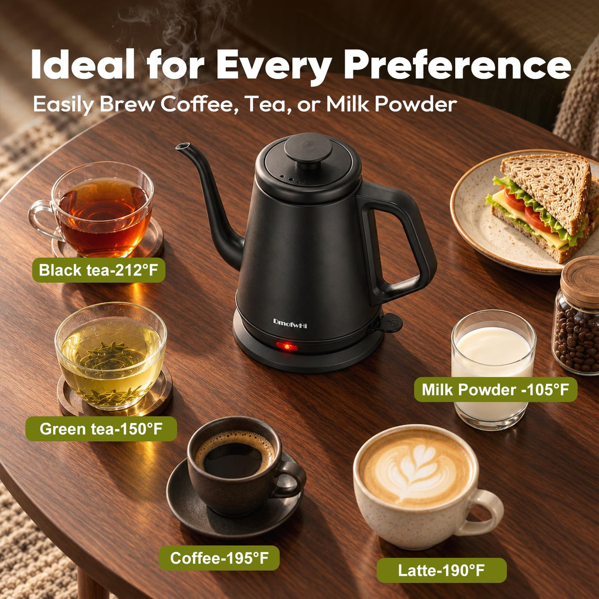 DmofwHi Gooseneck Electric Kettle(1.0L), 100% Stainless Steel BPA Free Classic Pour Over Coffee Kettle | Tea Kettle - Green