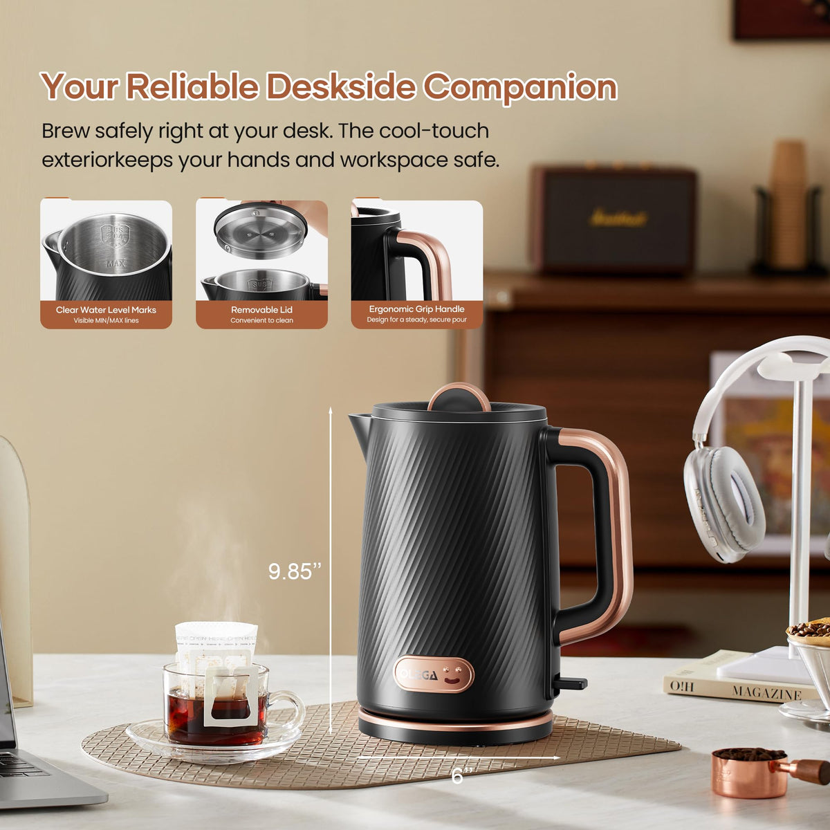 OLEGA Electric Kettle: 1200W Fast Boil Electric Water Kettles, 1.5L Double Wall Stainless Steel Tea Kettle, Auto Shut-Off, BPA-Free Hot Water Boiler Teapot for Coffee & Tea -Ligth Green