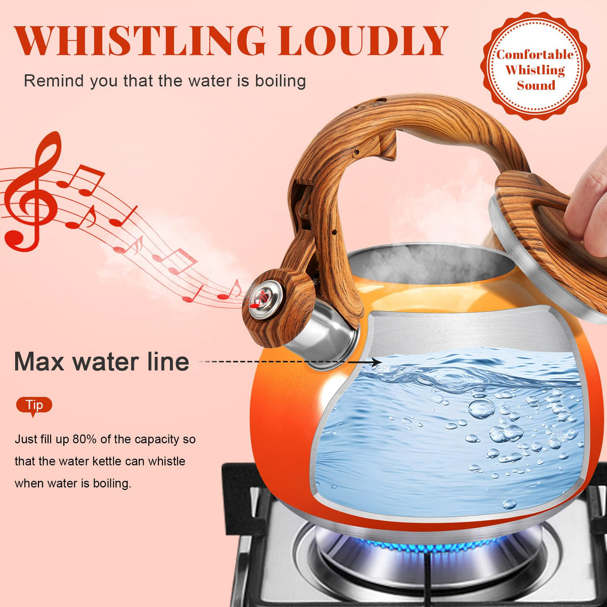 GGC Whistling Tea Kettle for Stove Top, 3.2QT/3L Stainless Steel Tea Kettle