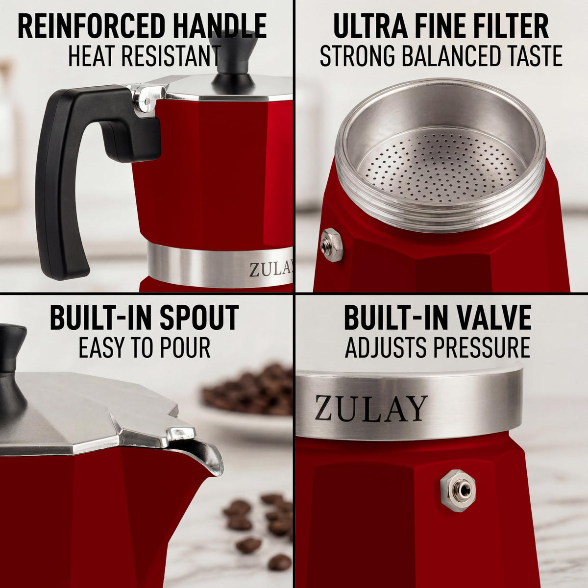 Zulay Moka Pot Espresso Stovetop Coffee Maker - Leak-Proof, Stainless Steel, Easy to Clean, Heat Resistant Handle & Knob - for Authentic Cuban & Italian Style Espresso - Makes 6 Espresso Cups - Red