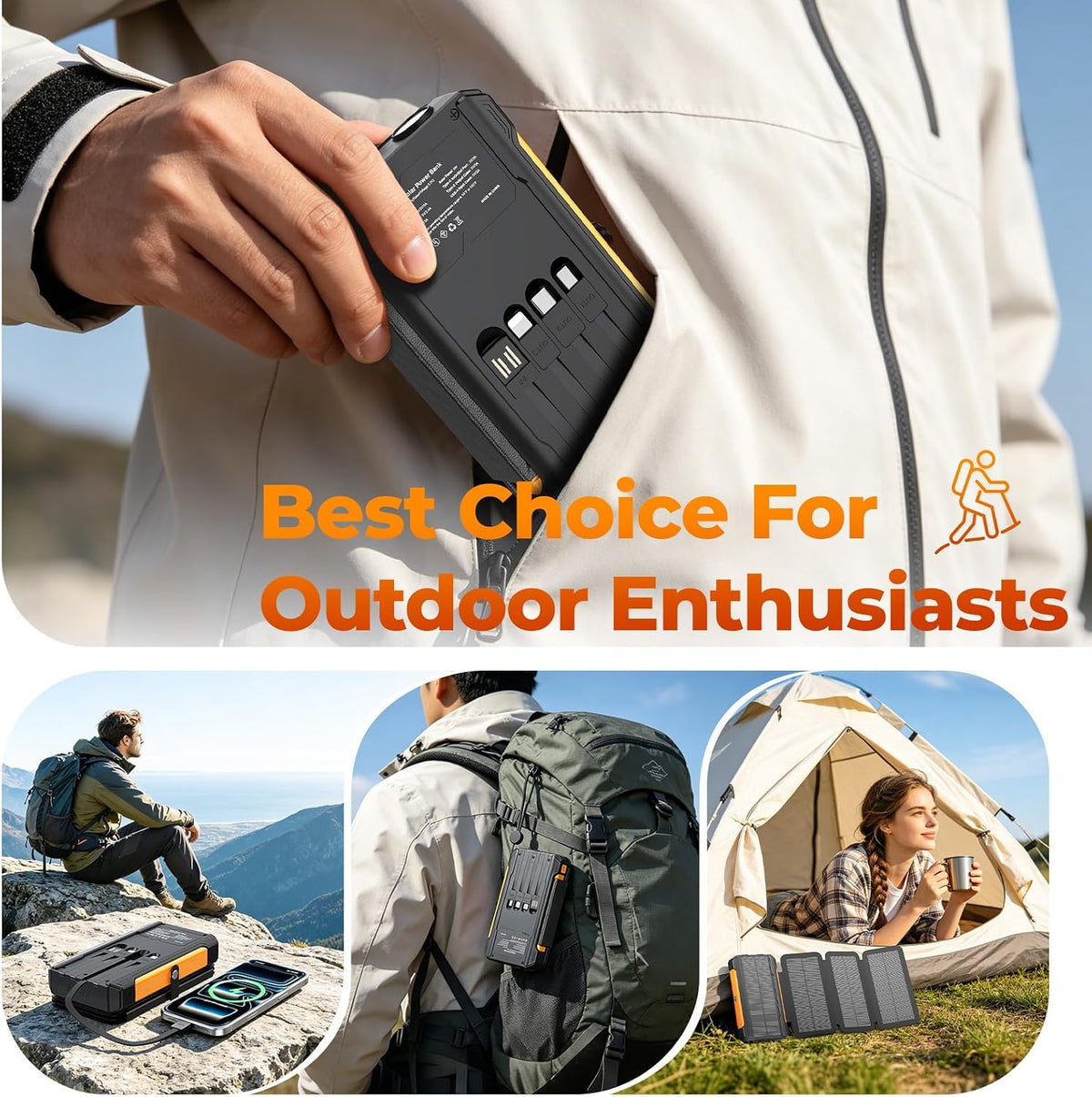 Solar Charger Power Bank 20000mAh Portable Charger Built-in 4 Cables(Micro/USB-C/Ios Output Cable,USB-A Input Cable) & 4 Solar Panels, 15W Fast Charging Battery Pack with Flashlight for Camping Travel