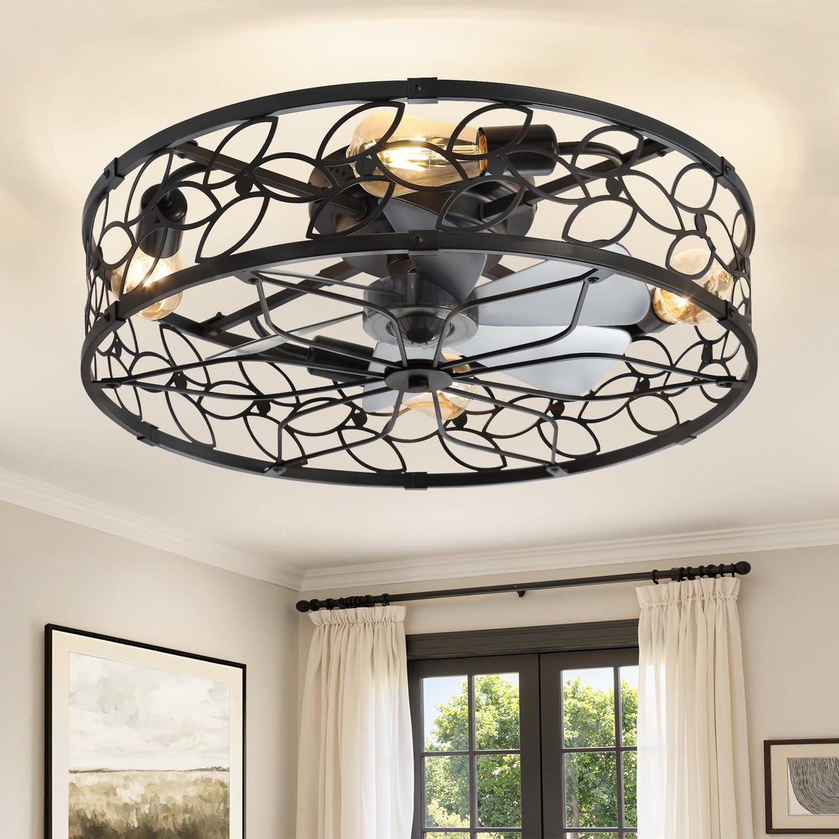 LEDIARY Caged Ceiling Fan with Light, Flush Mount Fandalier with Remote