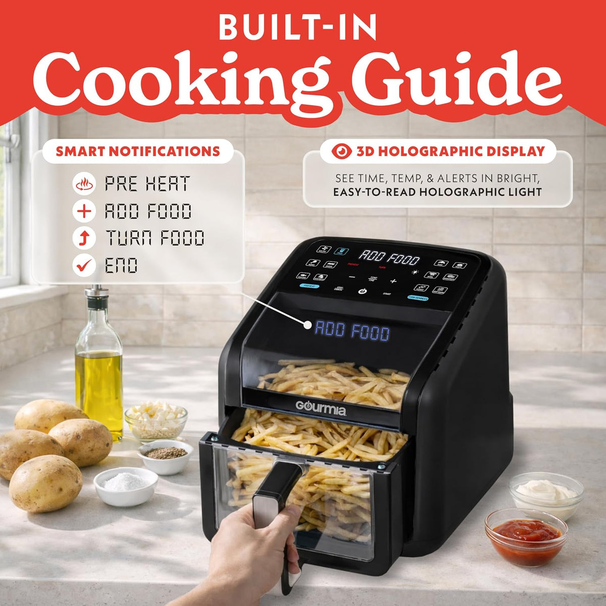 Gourmia Air Fryer - 7 Qt Basket Capacity with Panorama Window, Black
