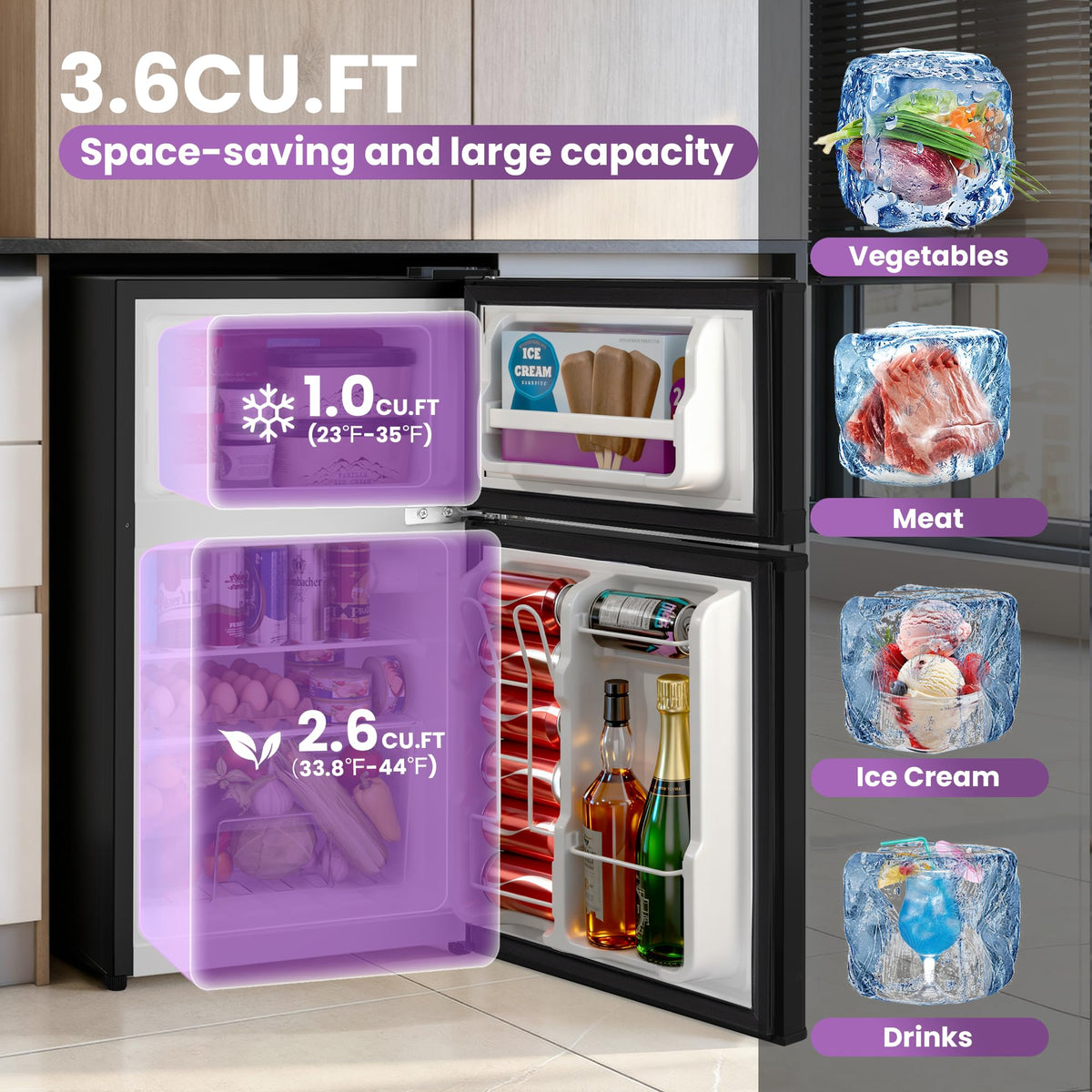 3.6 Cu.Ft Mini Fridge with Freezer for Dorm Office, Silver