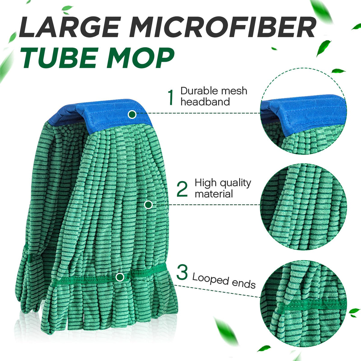 Hushee 12 Pcs Large Microfiber Tube Mop Heads 18 Oz Looped End,Green