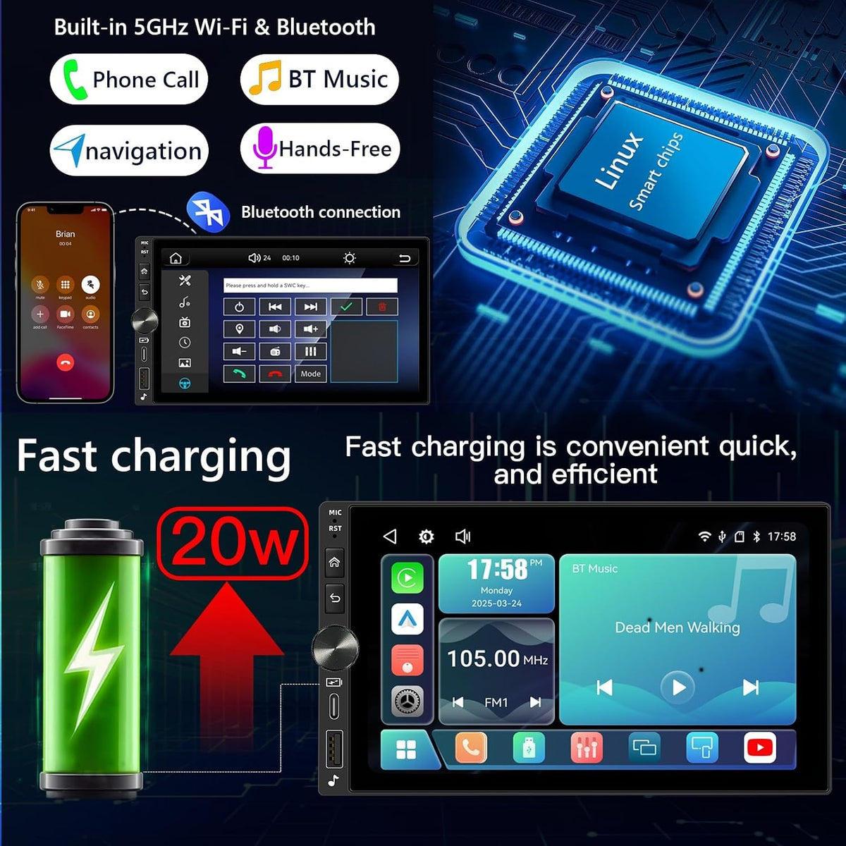 7" Double Din Car Stereo, Wireless CarPlay & Android Auto