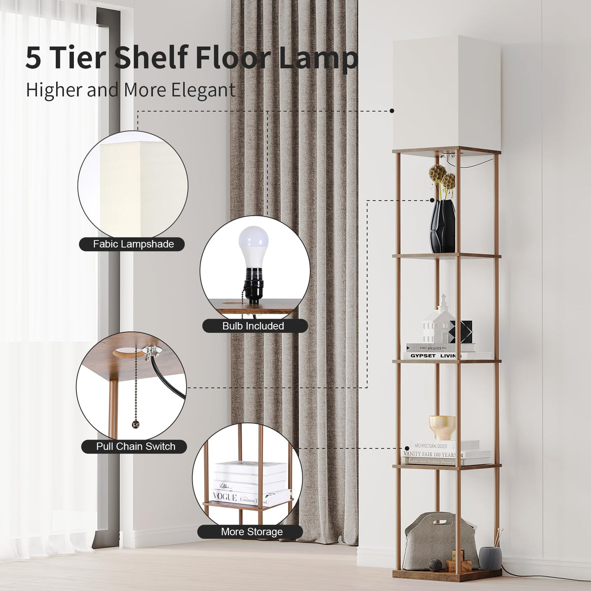 SUNMORY Floor Lamp with Shelves, Standing Lamps for Living Room, Black