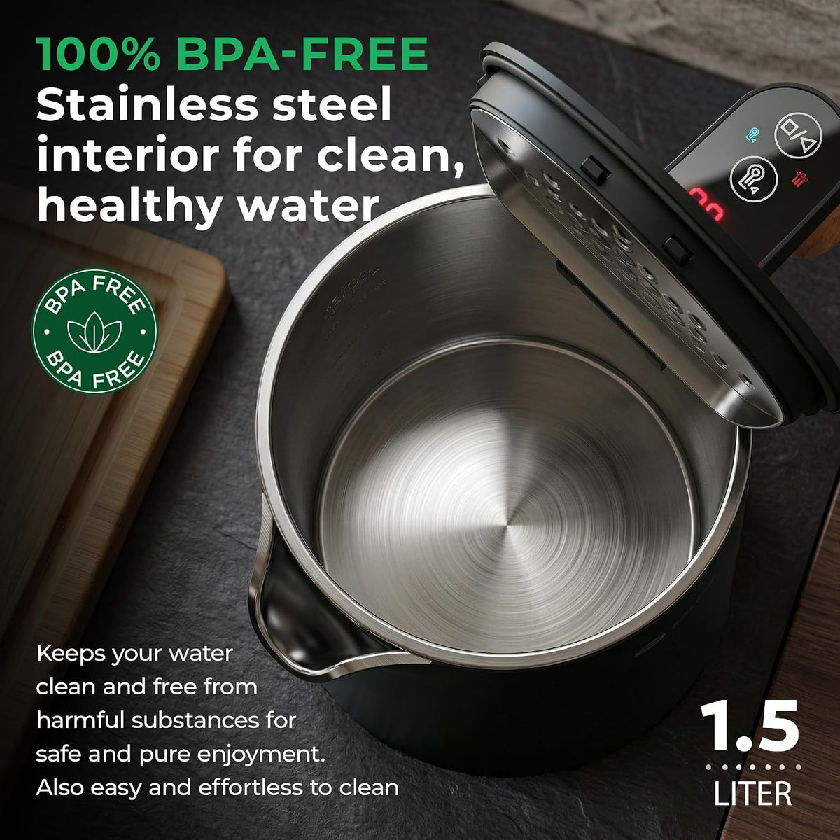 BALTER Electric Kettle with Temperature control, 113 °F – 212 °F, Tea pot, Stainless steel, double wall water kettle, BPA-free, 1.5 L, Black