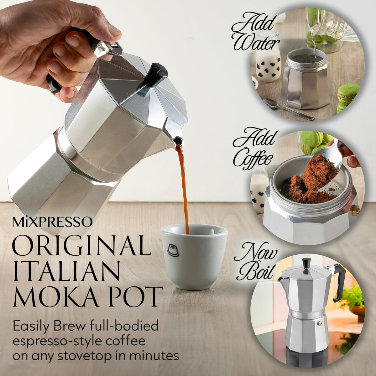 Mixpresso 3 Cup Moka Pot Stovetop Espresso Maker, Italian Cuban Coffee Pot