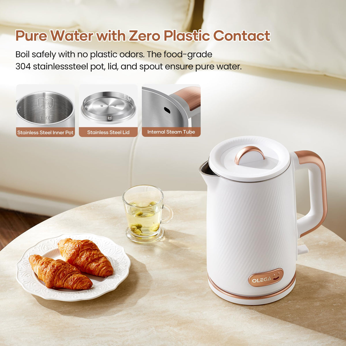 OLEGA Electric Kettle: 1200W Fast Boil Electric Water Kettles, 1.5L Double Wall Stainless Steel Tea Kettle, Auto Shut-Off, BPA-Free Hot Water Boiler Teapot for Coffee & Tea -Ligth Green