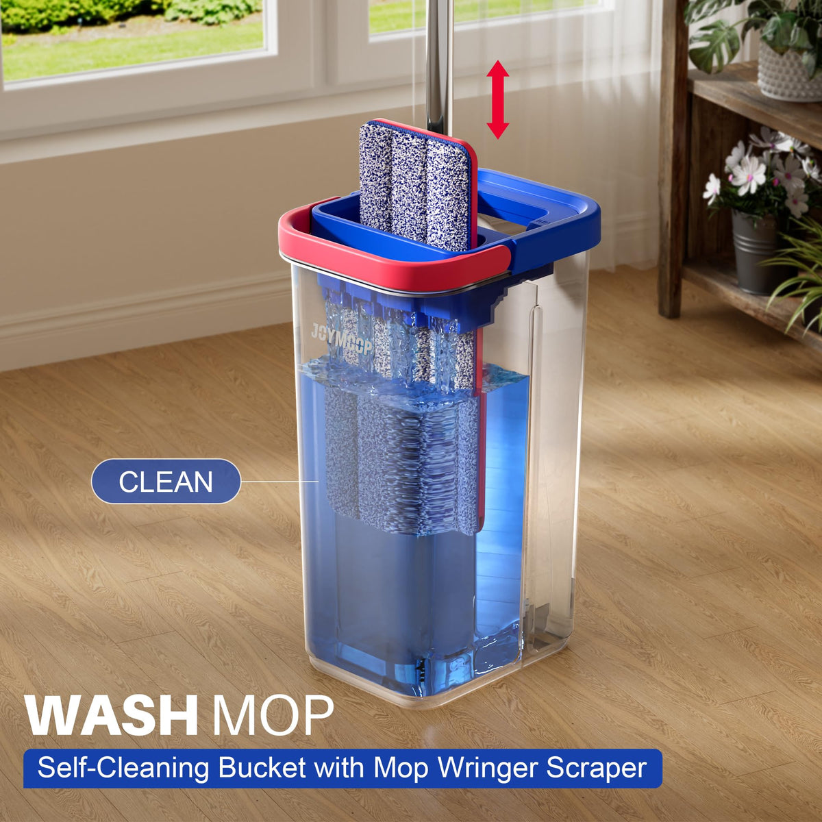 JOYMOOP Flat Mop System, Microfiber Mop and Bucket Set, White, Commercial & Household Use, Hardwood Floor & Wall Cleaning Mop with Long Handle, 4 Microfiber Pads