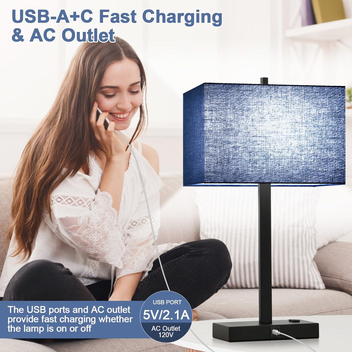 Lynnoland Set of 2 Touch Control Table Lamps with 2 USB & AC Outlet, 3-Way Dimmable Bedside Nightstand Lamps for Bedroom Living Room Nursery, 800 Lumens 5000K Daylight Bulbs Included