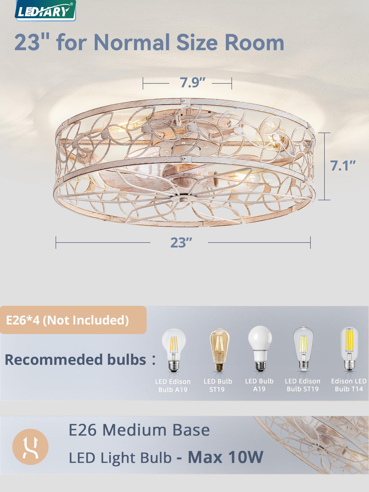 LEDIARY Caged Ceiling Fan with Light, Flush Mount Fandalier with Remote
