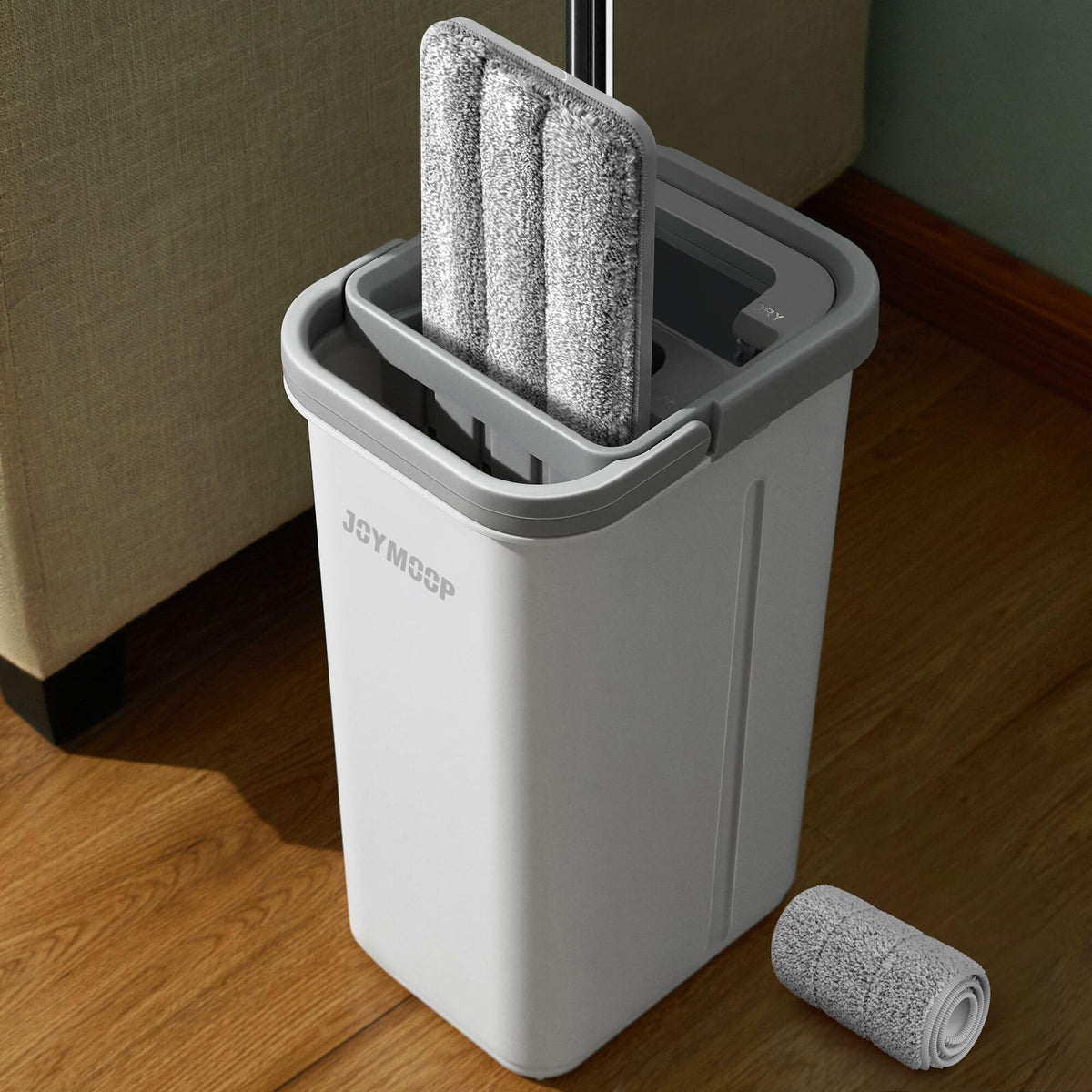 JOYMOOP Flat Mop System, Microfiber Mop and Bucket Set, White, Commercial & Household Use, Hardwood Floor & Wall Cleaning Mop with Long Handle, 4 Microfiber Pads
