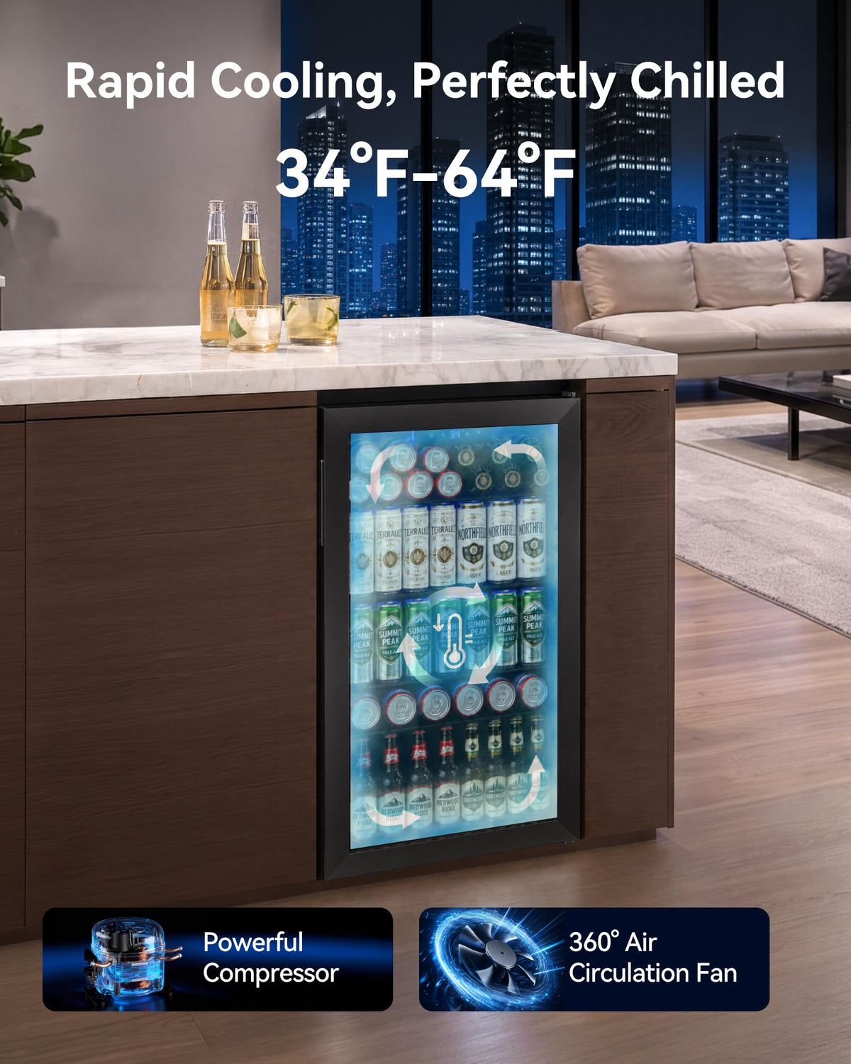 Feelfunn 126 Can Beverage Refrigerator, Glass Door Mini Fridge, 3.2 Cu.Ft