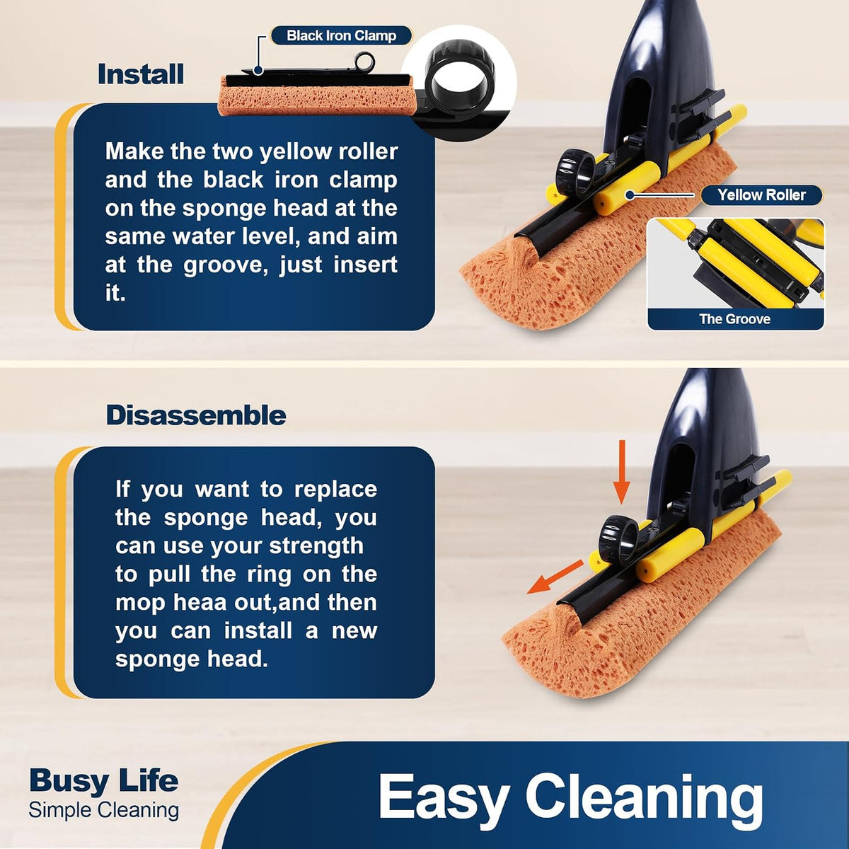 Yocada Sponge Mop Home Commercial Use Tile Floor Bathroom Garage Cleaning
