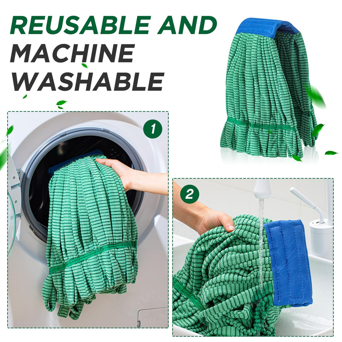 Hushee 12 Pcs Large Microfiber Tube Mop Heads 18 Oz Looped End,Green