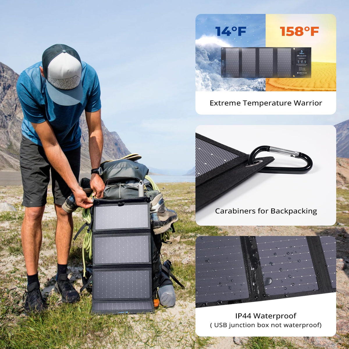 [Upgraded Tiny Solar Charger] BigBlue 14W Solar Panels with USB-A Port(5V/2.4A Max), IPX4 Waterproof, Portable Solar Phone Charger for Hiking, Compatible with iPhone X/8/7, Tablet, Samsung LG etc