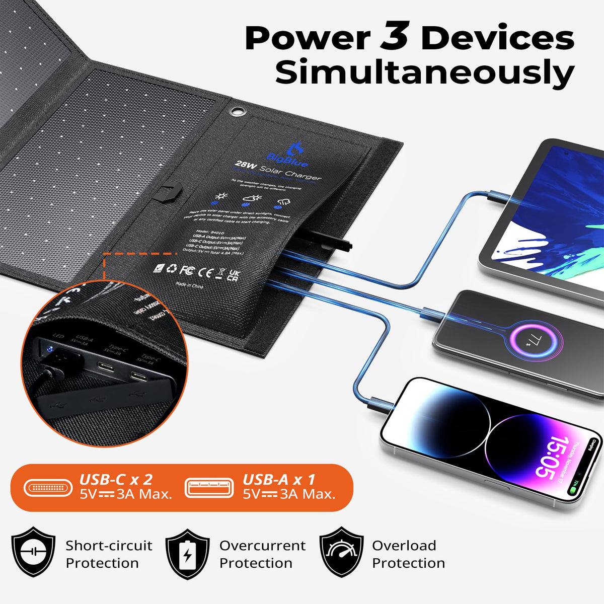 [Upgraded Tiny Solar Charger] BigBlue 14W Solar Panels with USB-A Port(5V/2.4A Max), IPX4 Waterproof, Portable Solar Phone Charger for Hiking, Compatible with iPhone X/8/7, Tablet, Samsung LG etc
