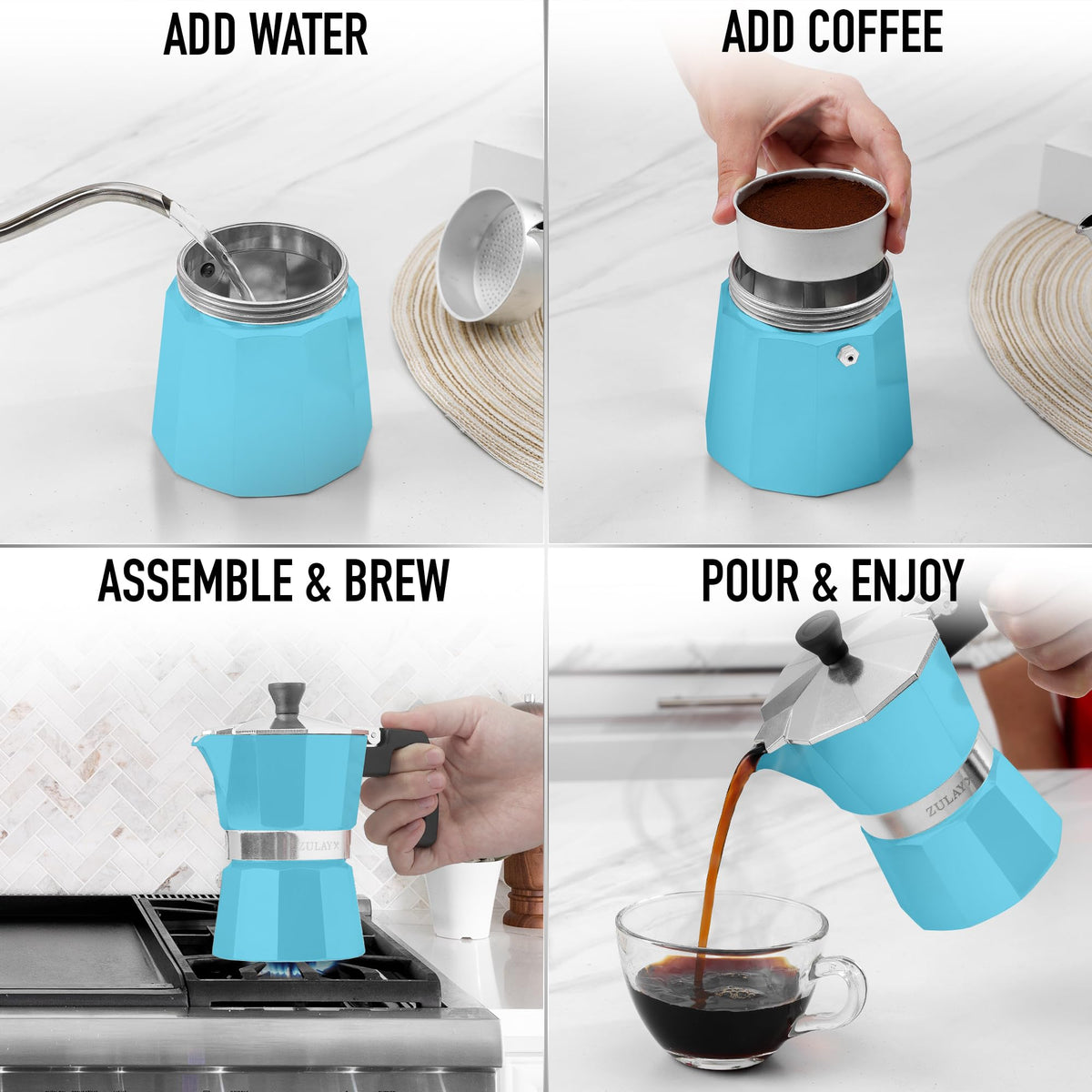 Zulay Moka Pot Espresso Stovetop Coffee Maker - Leak-Proof, Stainless Steel, Easy to Clean, Heat Resistant Handle & Knob - for Authentic Cuban & Italian Style Espresso - Makes 6 Espresso Cups - Red
