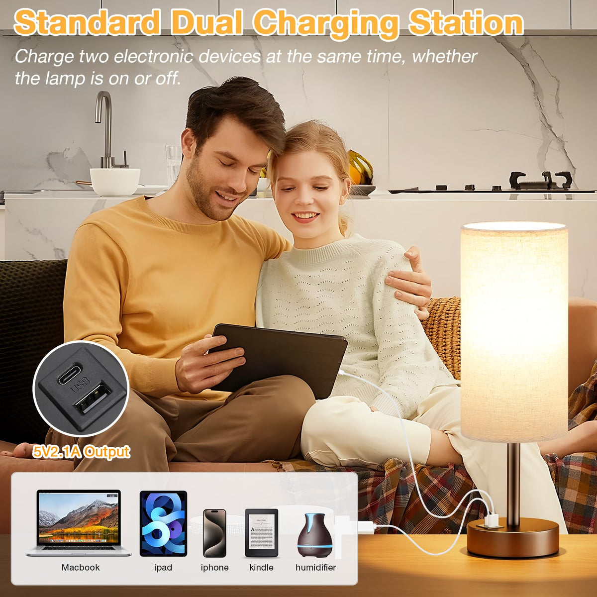 Dicoool Bedside Table Lamp for Bedroom - 3-Way Dimmable Touch Lamp, USB A+C