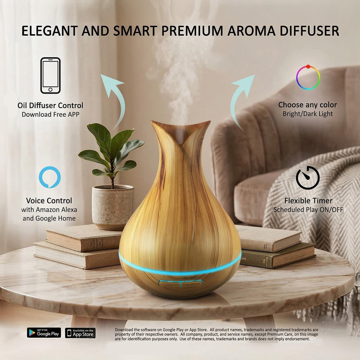 Sierra Modern Home Smart WiFi Humidifier - Aromatherapy Essential Oil Diffusers with App Control & Voice Control - Works with Alexa & Google Home - 400ml Ultrasonic Diffuser & Humidifier - Dark Brown