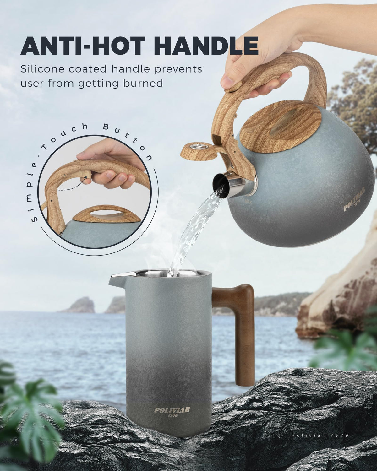 POLIVIAR Tea Kettle, 2.7 Quart Natural Stone Finish with Wood Pattern Handle Loud Whistle Food Grade Stainless Steel Teapot, Anti-Hot Handle and Anti-Rust, Suitable for All Heat Sources (JX2018-GR20)