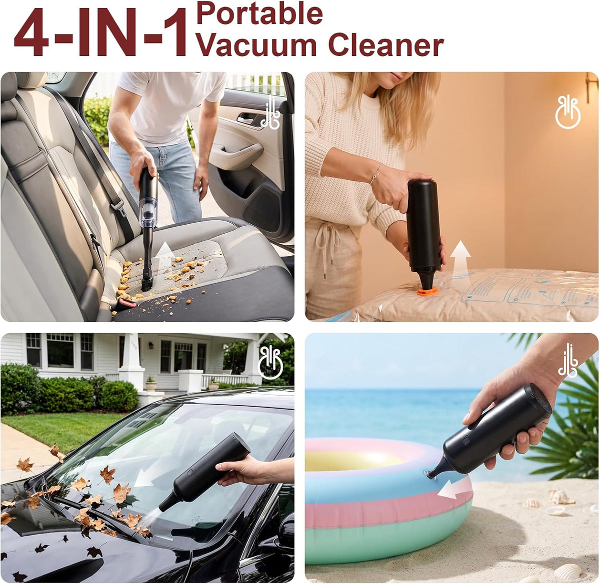 Cordless Handheld Vacuum Cleaner, 6000Pa Portable Mini Hand Vac, 4‑in‑1 Suck Blow Inflate Deflate with 5 Attachments, Picks up Pet Fur Dust Crumbs for Home Sofa Furniture Car