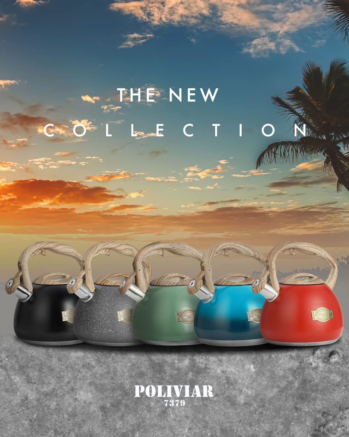 POLIVIAR Tea Kettle, 2.7 Quart Natural Stone Finish with Wood Pattern Handle Loud Whistle Food Grade Stainless Steel Teapot, Anti-Hot Handle and Anti-Rust, Suitable for All Heat Sources (JX2018-GR20)