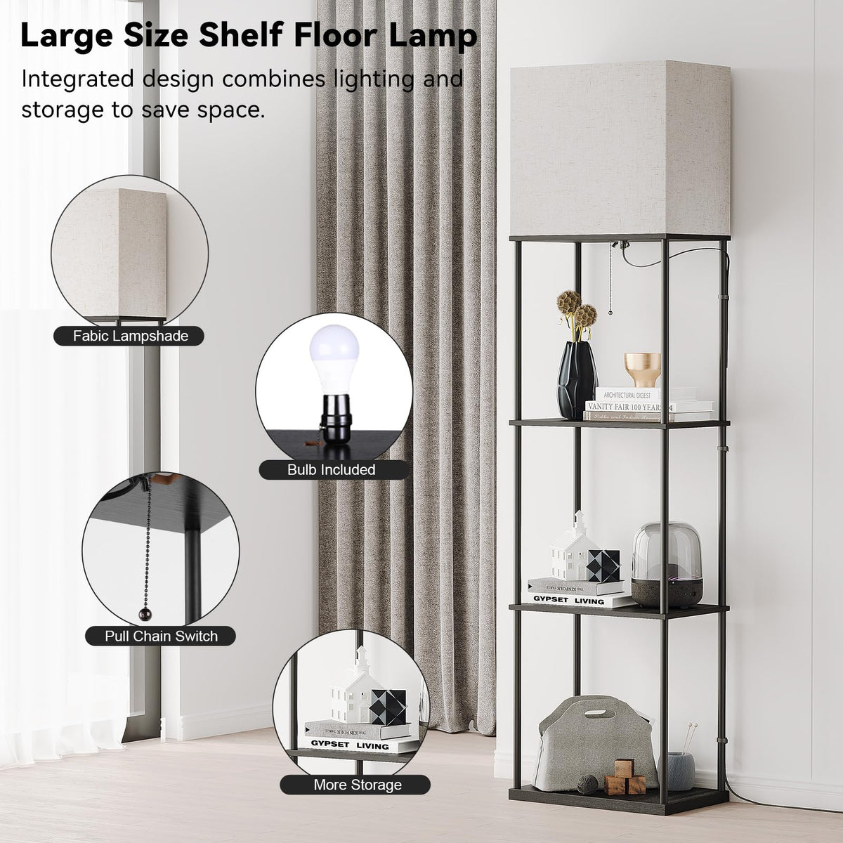 SUNMORY Floor Lamp with Shelves, Standing Lamps for Living Room, Black